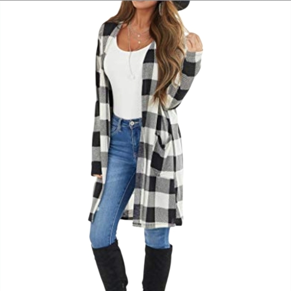 giddy up glamor Tops - Long Lightweight Long Open top large Buffalo Plaid black and white